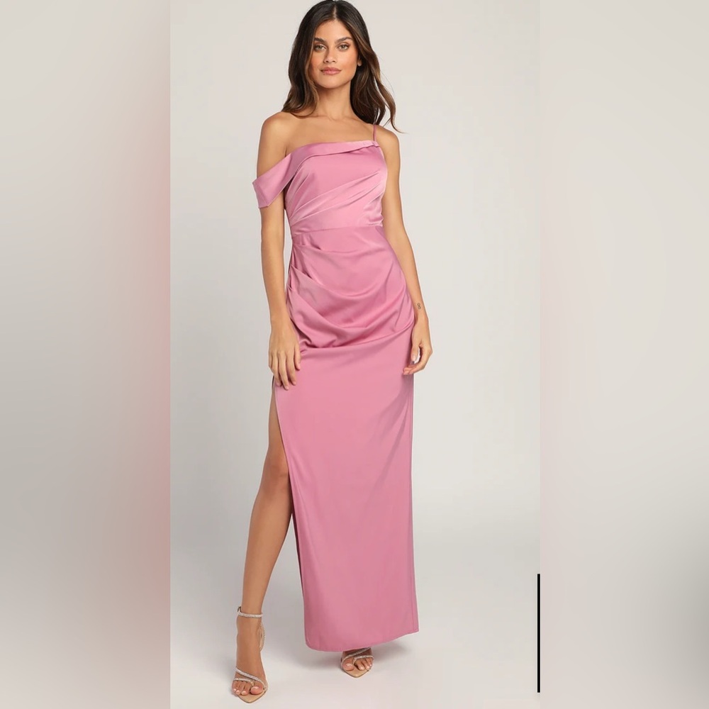 Lush Love Pink Rose Satin Asymmetrical Off-the-Shoulder Dress Medium